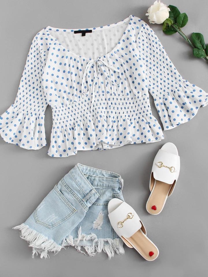 Romwe Ruffle Hem Tie Neck Polka Dot Top