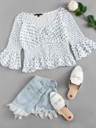 Romwe Ruffle Hem Tie Neck Polka Dot Top