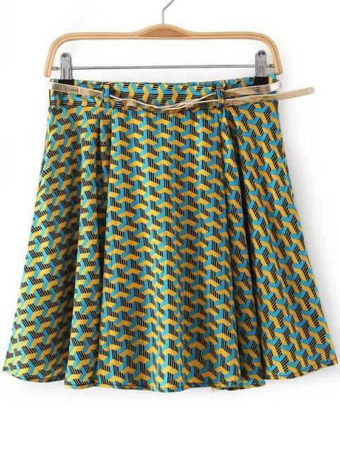 Romwe Green Geometric Print Pleated Skirt