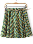 Romwe Green Geometric Print Pleated Skirt