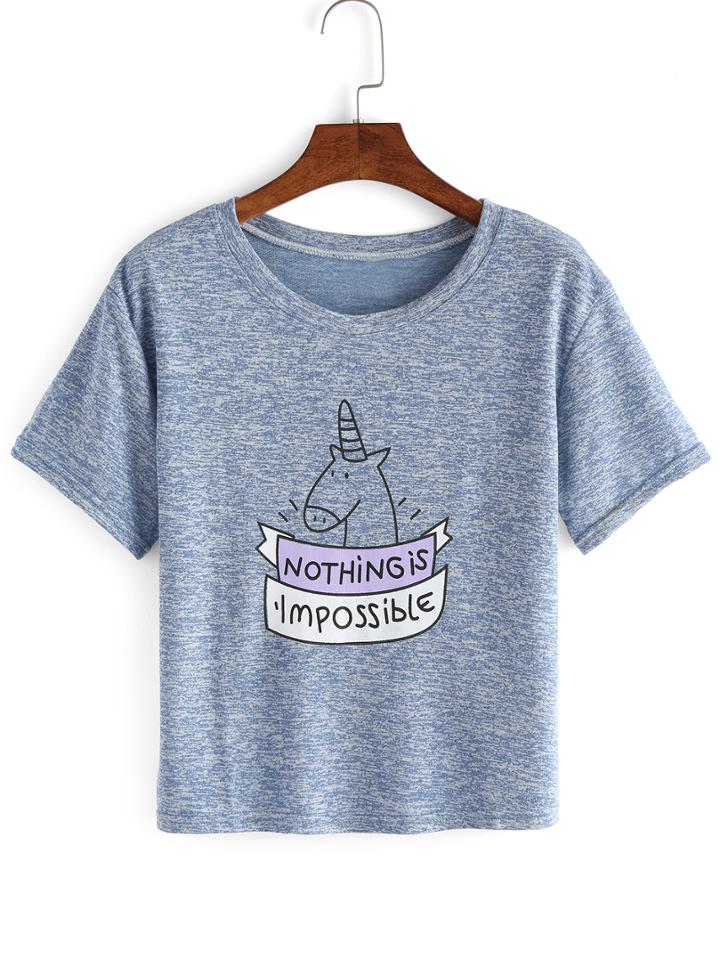 Romwe Blue Cartoon Print T-shirt