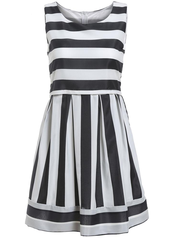 Romwe Round Neck Striped Flare Sun Dress