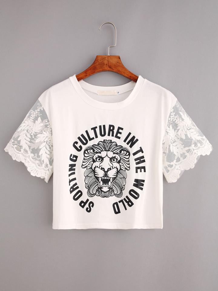 Romwe Embroidered Mesh Sleeve Lion Print Crop T-shirt - White