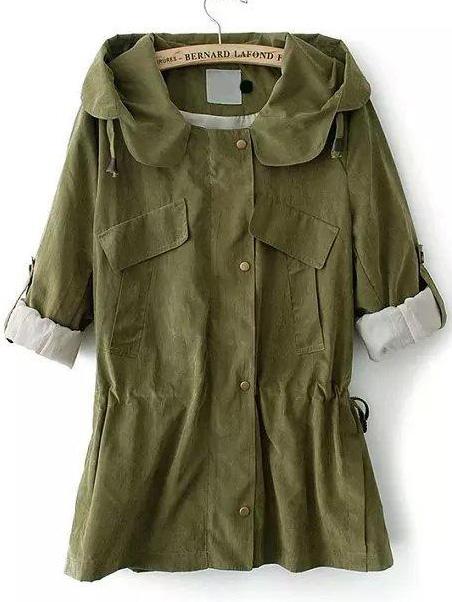 Romwe Hooded Drawstring Single Breasted Army Green Coat
