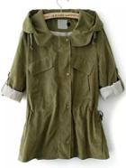 Romwe Hooded Drawstring Single Breasted Army Green Coat