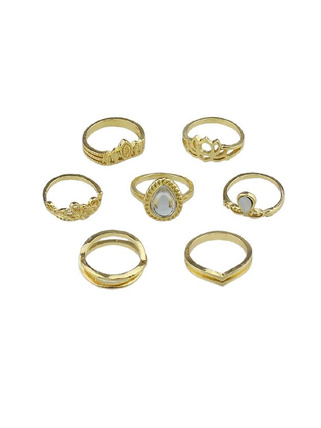 Romwe Gold 7pcs/set Flower White Opal Rings