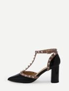 Romwe Black Pointed Out T-strap Studded Chunky Pumps