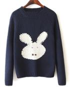 Romwe Bead Rabbit Print Knit Navy Sweater