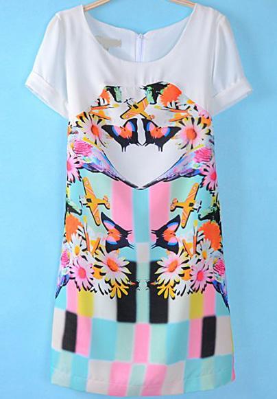 Romwe Floral Butterfly Print Chiffon Dress