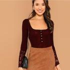 Romwe Button Front Lace Cuff T-shirt