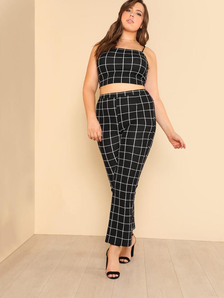 Romwe Grid Crop Cami Top & Pants Set
