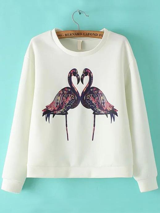 Romwe Crane Print White Sweatshirt