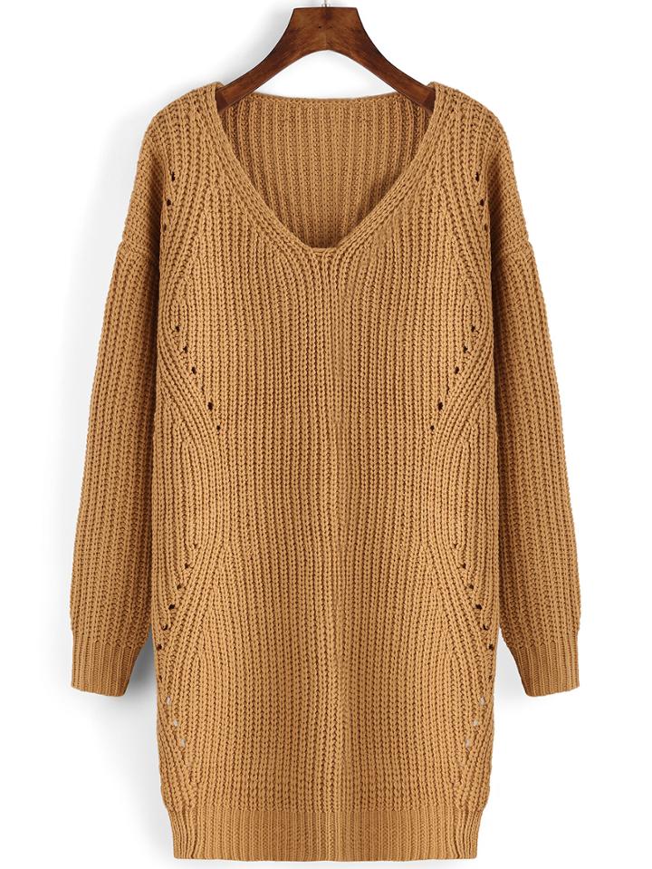 Romwe V Neck Eyelet Split Side Sweater