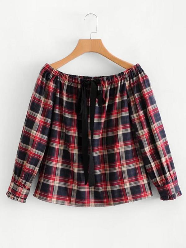 Romwe Tie Neck Plaid Blouse