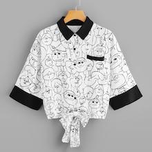 Romwe Plus Knot Front Cartoon Print Blouse