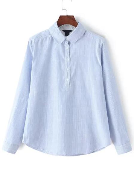 Romwe Women Pinstripes Blue Blouse