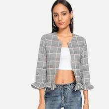 Romwe Ruffle Trim Plaid Outerwear