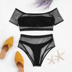 Romwe Off The Shoulder Fishnet Overlay Bikini Set 3pack