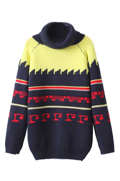 Romwe Jacquard Knitted Navy-blue Turtleneck