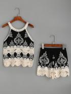 Romwe Black Embroidered Crochet Trimmed Top With Shorts