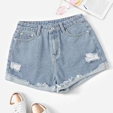 Romwe Light Wash Rolled Hem Ripped Denim Shorts