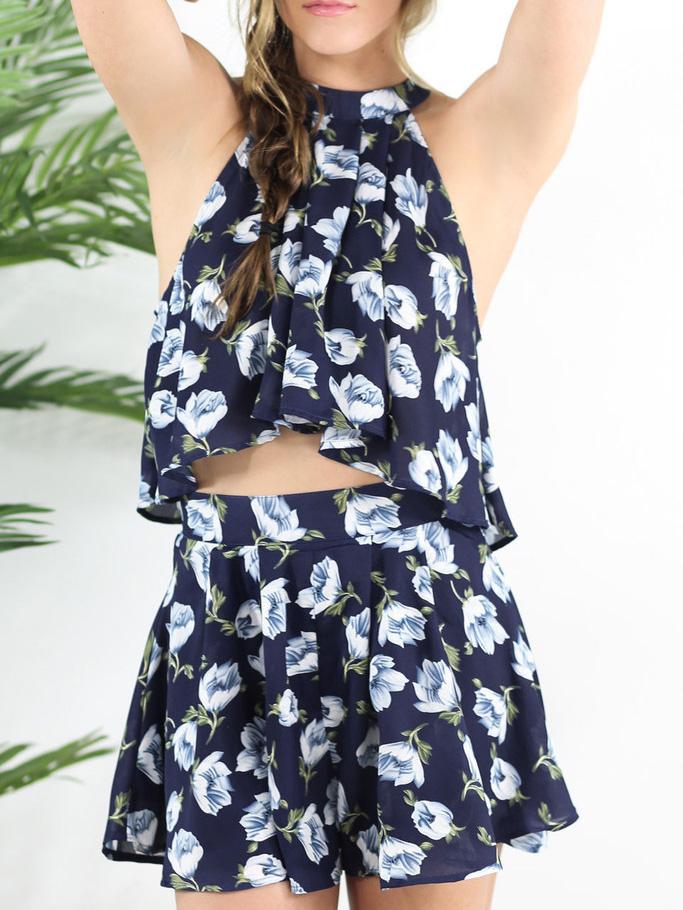 Romwe Flower Print Halter Neck Top With Shorts