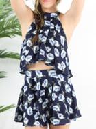 Romwe Flower Print Halter Neck Top With Shorts