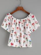 Romwe White Flower Print Ruffle Off The Shoulder Top