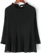 Romwe Flouncing Pleated Chiffon Black Blouse