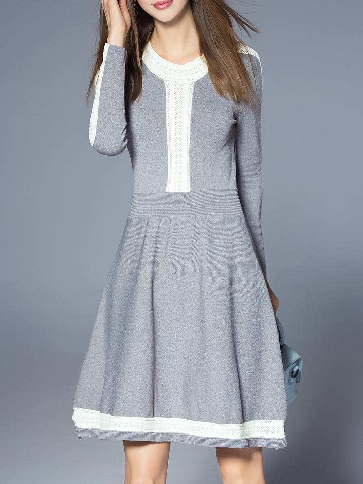 Romwe Grey Contrast White Knit A-line Dress
