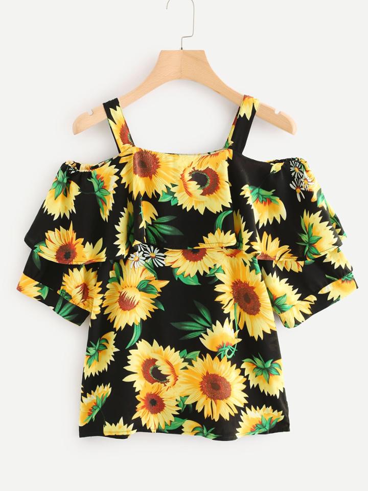 Romwe Open Shoulder Sunflower Print Tiered Top