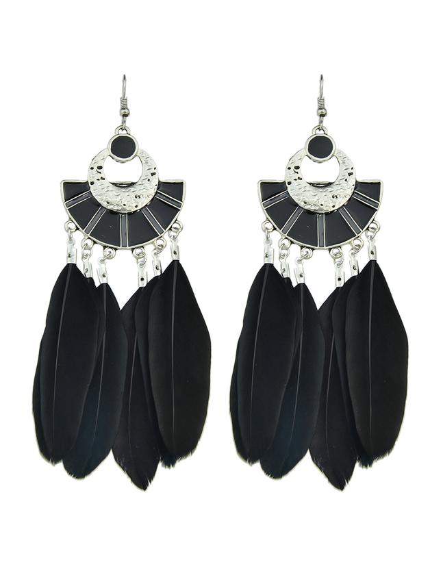 Romwe Black Color Boho Style Feather Big Dangle Earrings
