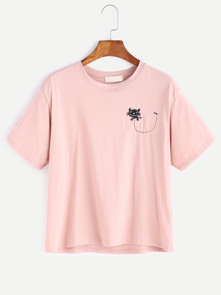 Romwe Pink Cat Embroidered T-shirt