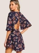 Romwe Lace Up Back Bell Sleeve Self Tie Dress