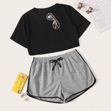 Romwe Crop Top With Contrast Binding Shorts Pj Set