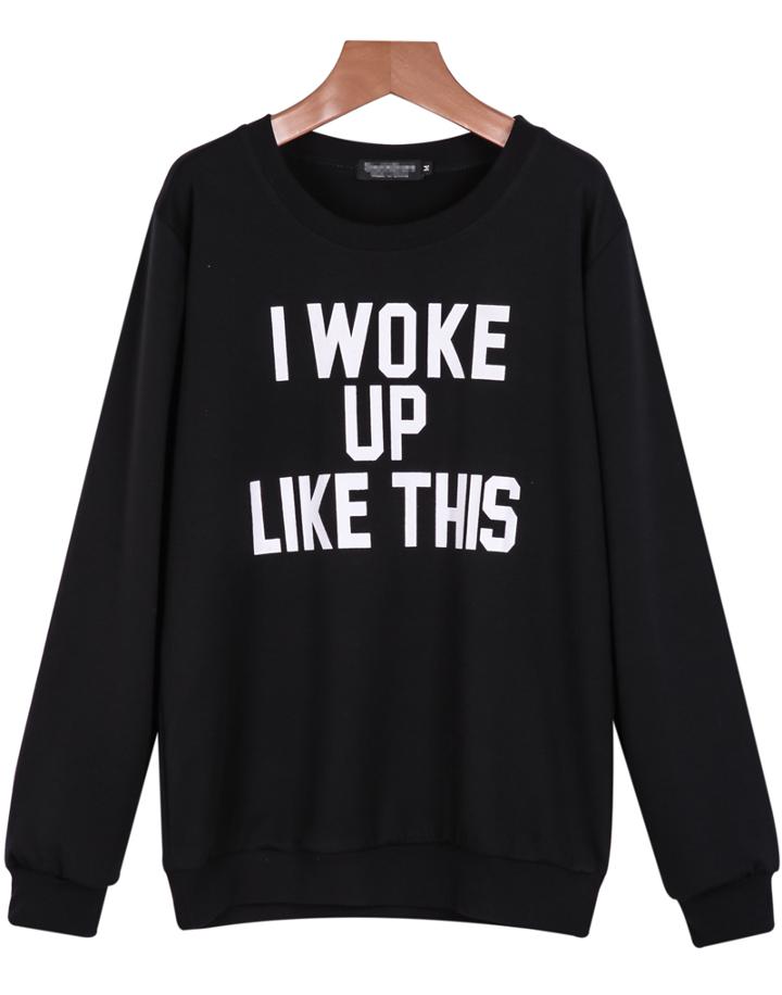 Romwe Letters Print Loose Black Sweatshirt
