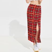Romwe Buttoned Split Front Chain & Plaid Skirt