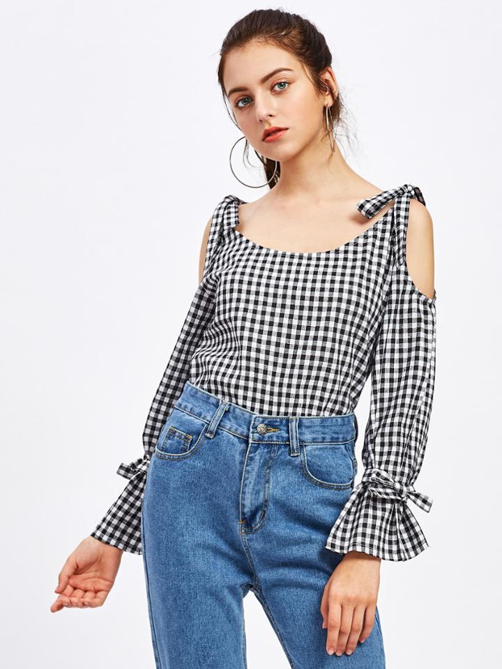 Romwe Open Shoulder Tie Detail Gingham Blouse