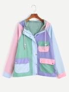 Romwe Color Block Raglan Sleeve Pockets Drawstring Hooded Coat