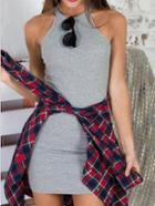 Romwe Grey Halter Neck Ribbed Bodycon Dress