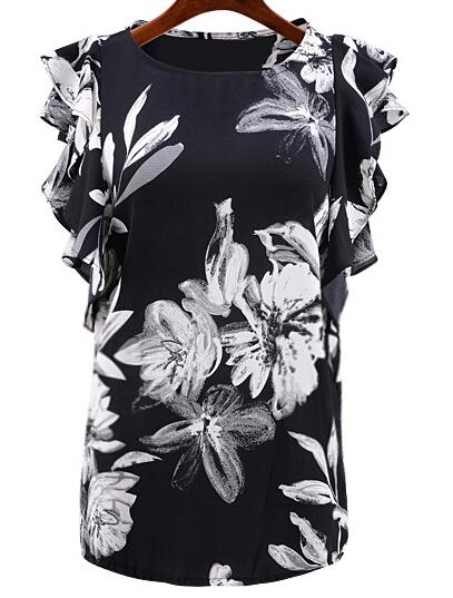Romwe Butterfly Sleeve Vintage Ink Print Black Top
