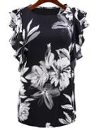 Romwe Butterfly Sleeve Vintage Ink Print Black Top