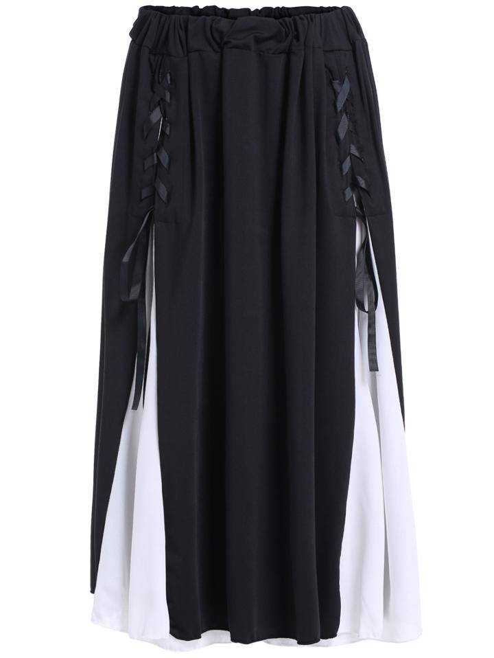 Romwe Bandage Pleated Black Skirt