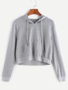 Romwe Grey Drawstring Hooded Crop Sweatshirt With Pocket