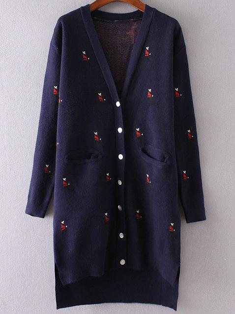 Romwe Navy Soldier Pattern Side Slit Dip Hem Button Up Cardigan