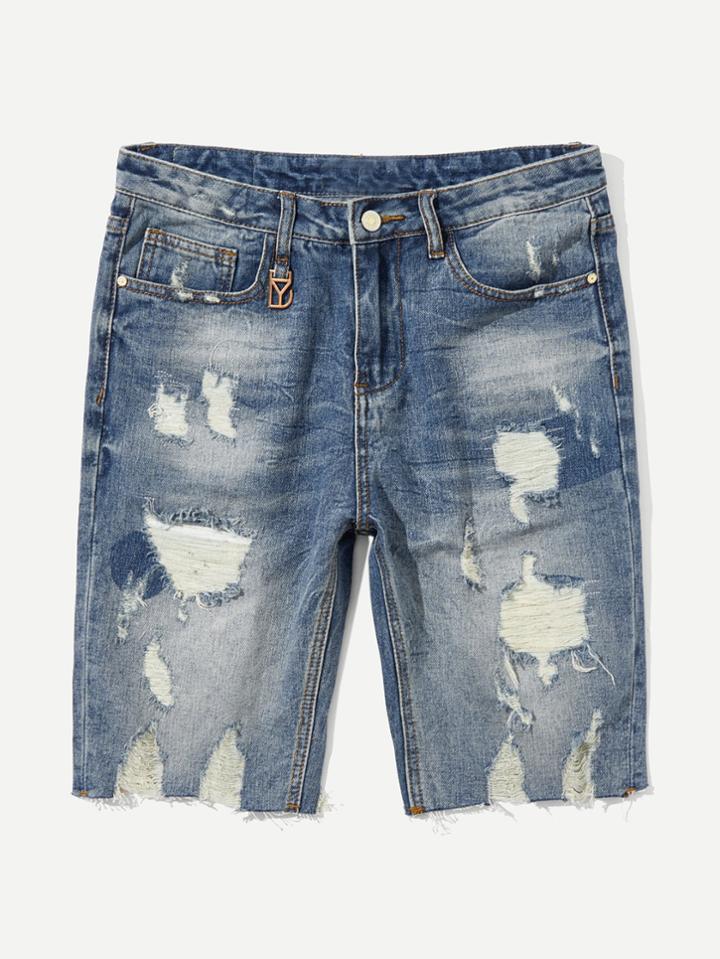 Romwe Men Distressed Raw Hem Denim Shorts