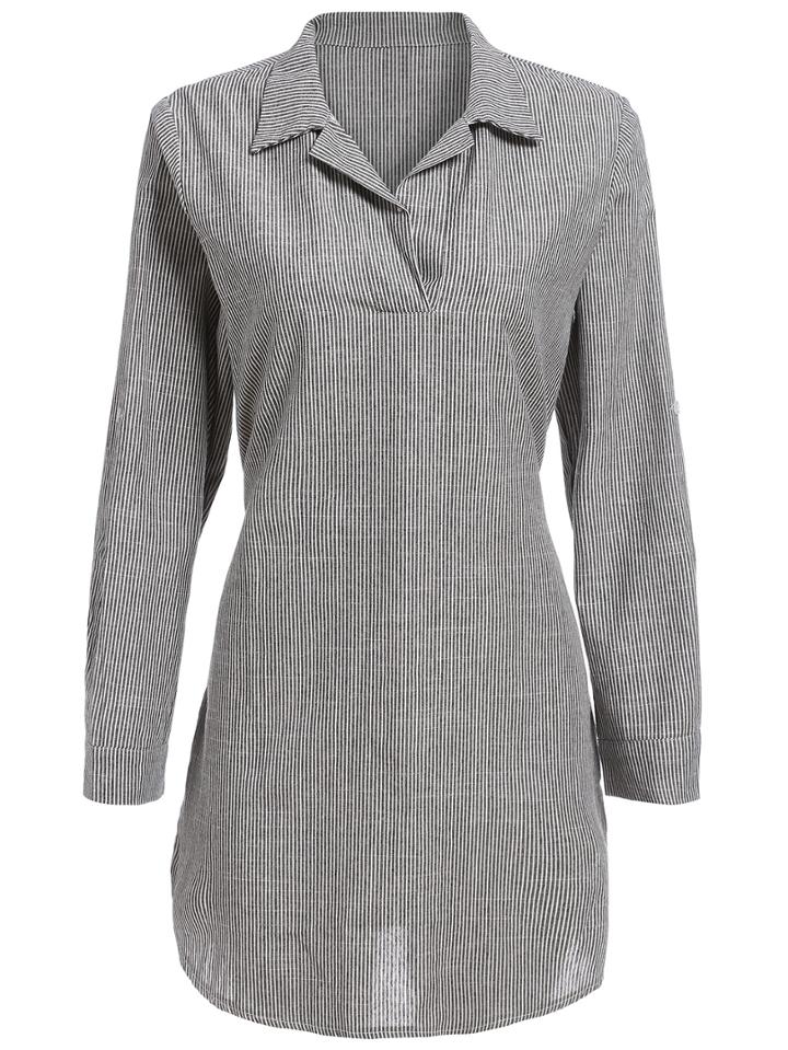 Romwe Lapel Vertical Striped Shirt Dress