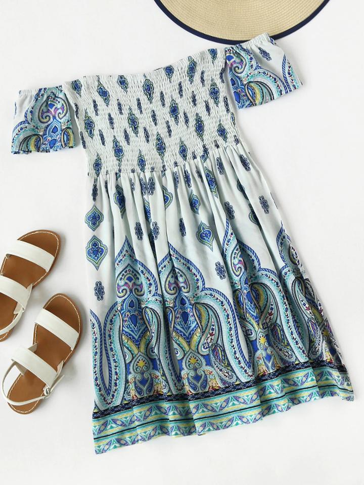 Romwe Off Shoulder Printed Shirred Dress