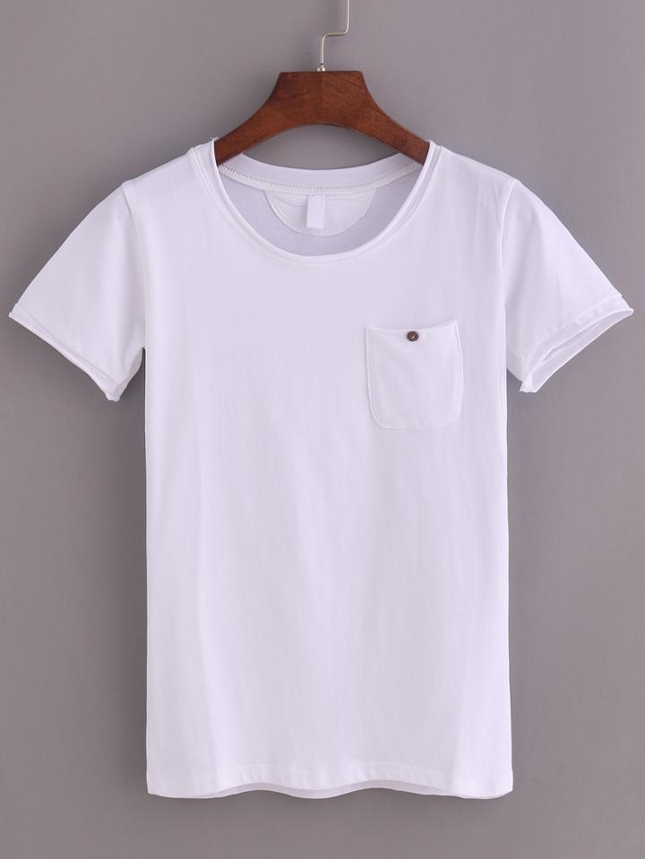 Romwe Frayed Buttoned Pocket T-shirt - White