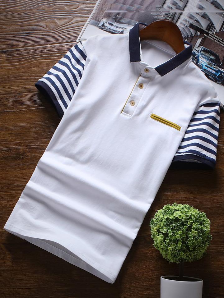 Romwe Men Striped Detail Polo Shirt